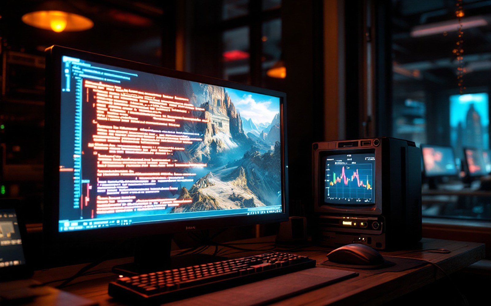 Code on a monitor with a rendered scene in an adjacent window