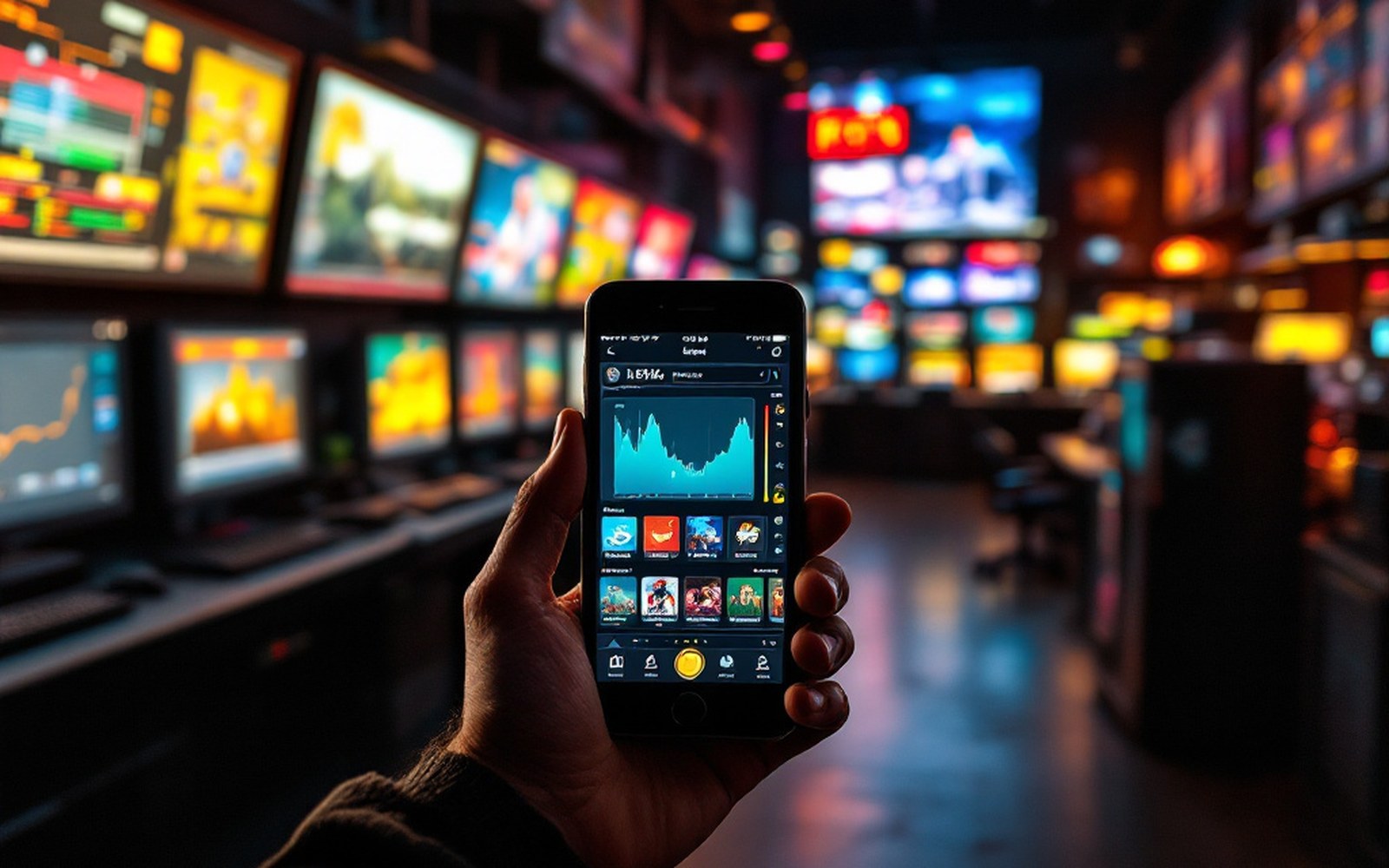 A phone in a hand showing a store interface, room lit