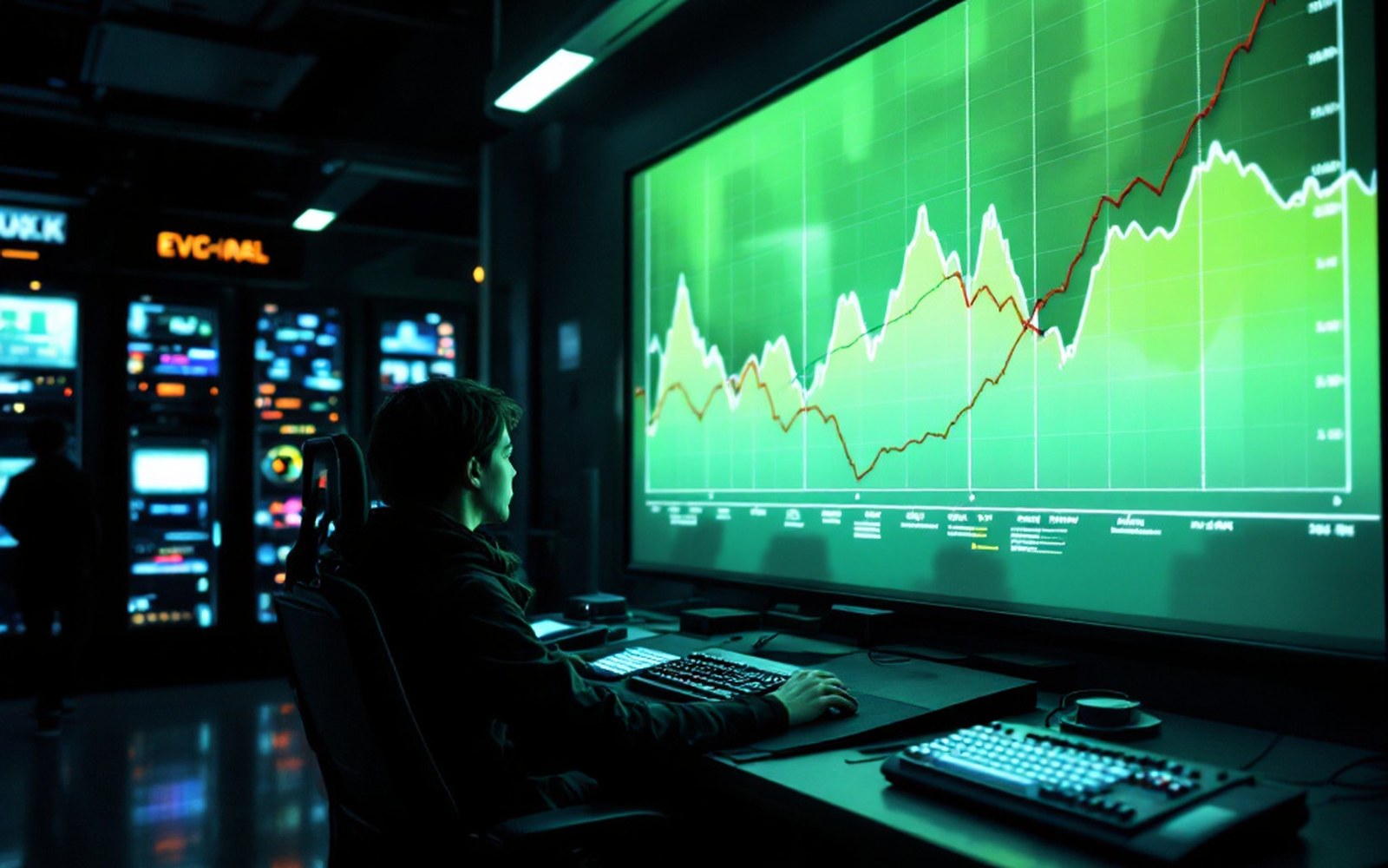 A plotted economic graph on a large wall screen
