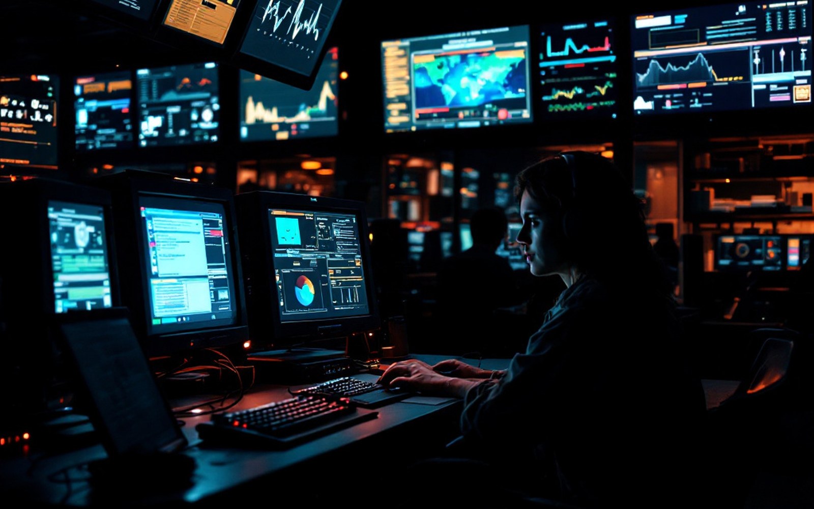 A darkened operations room with a single lit monitor