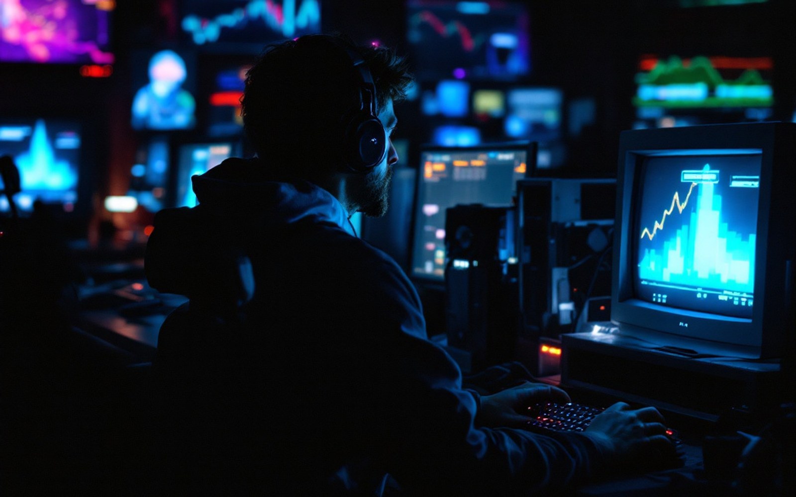 A player at a CRT monitor in an unlit room, three-quarter profile, screen light doing all the work